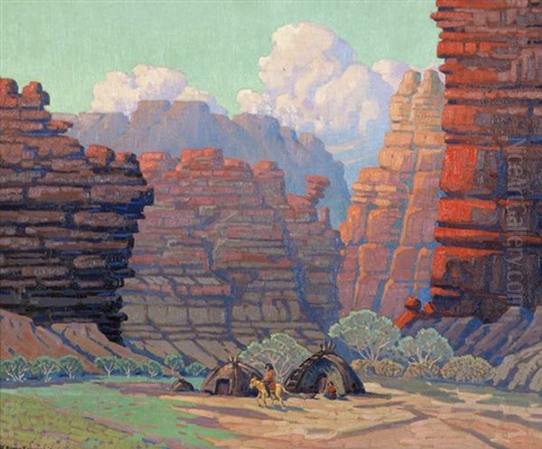 Indian Encampment In A Canyon Oil Painting by Howard Arden Edwards