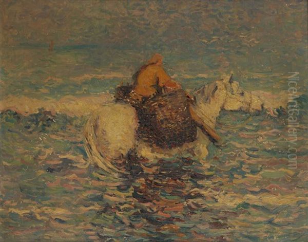 Pecheur De Crevettes A Cheval En Mer Du Nord Oil Painting by Jean Van Den Eeckhoudt