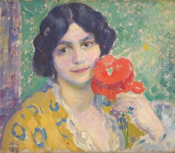 Portrait Feminin Aux Coquelicots Oil Painting by Jean Van Den Eeckhoudt