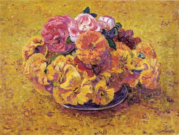 Bouquet De Zinnias Sur Fond Jaune Oil Painting by Jean Van Den Eeckhoudt