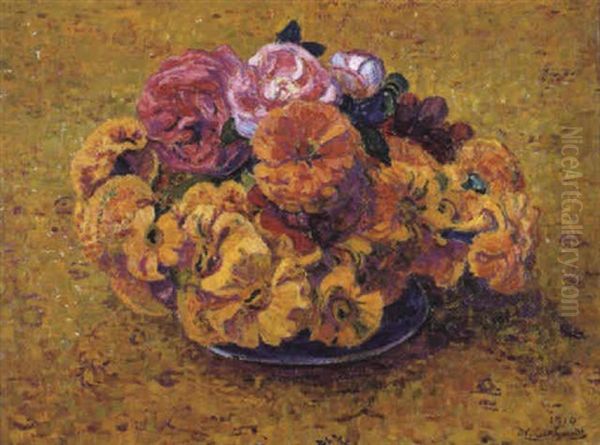 Bouquet De Zinnias Sur Fond Jaune Oil Painting by Jean Van Den Eeckhoudt