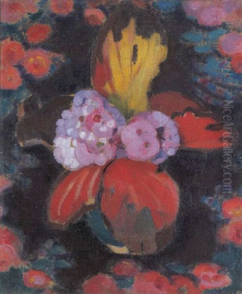 Bouquet Rose, Rouge Et Jaune Oil Painting by Jean Van Den Eeckhoudt