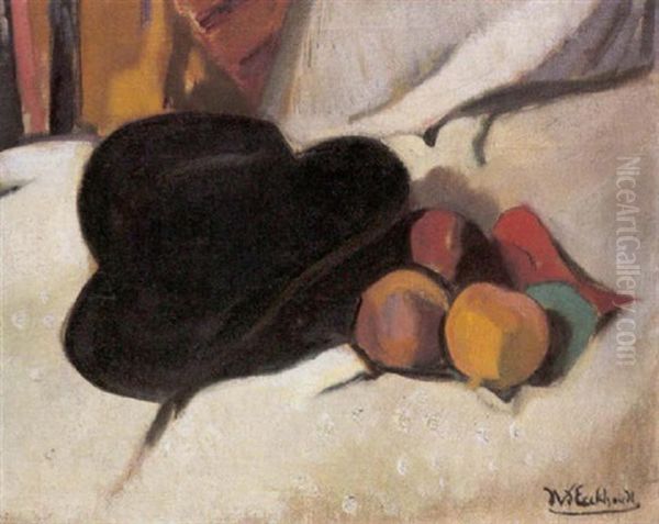 Le Chapeau Noir Et Quatre Fruits Oil Painting by Jean Van Den Eeckhoudt