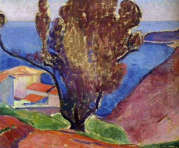 Arbre Devant La Mer A Roquebrune Oil Painting by Jean Van Den Eeckhoudt