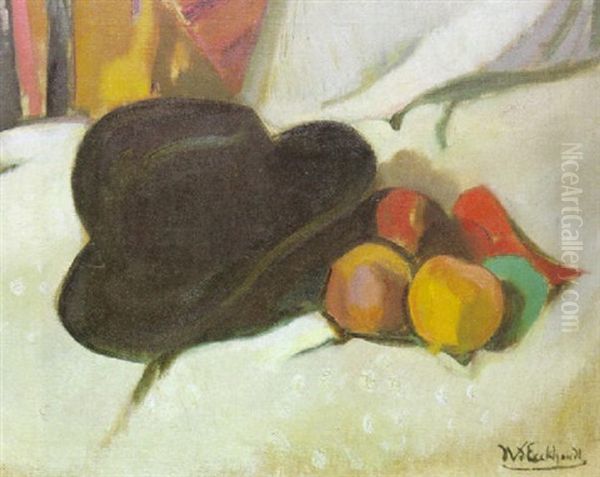 Le Chapeau Noir Et Quatre Fruits Oil Painting by Jean Van Den Eeckhoudt