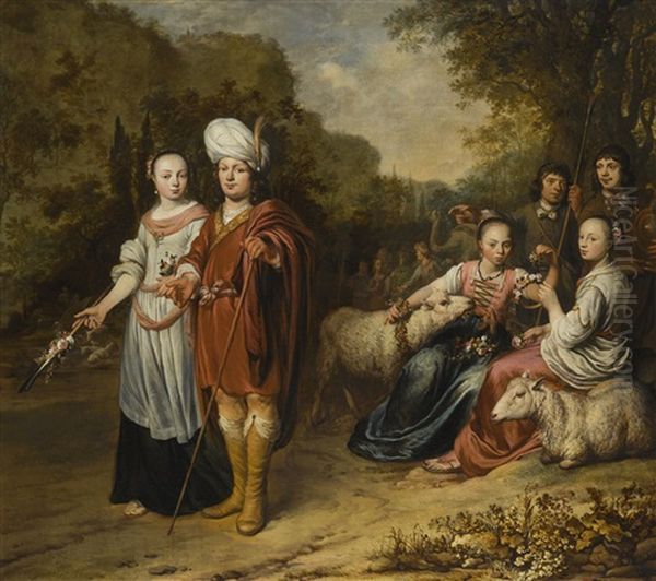 A Family Portrait, With Mother And Father In The Guise Of Jacob And Rachel Oil Painting by Gerbrand Van Den Eeckhout