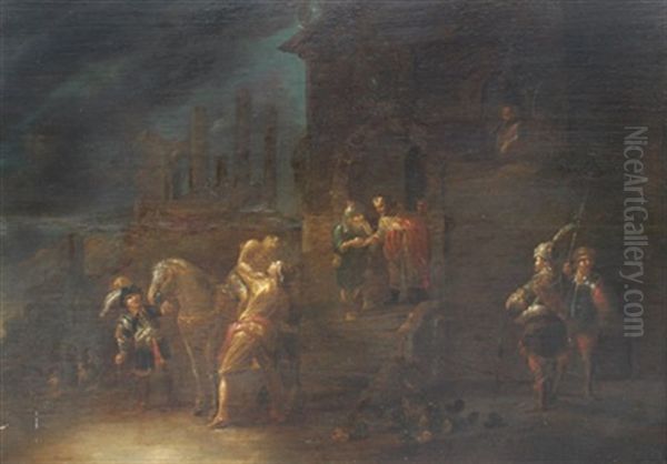 Figurliche Szene - Zwei Soldaten For Einem Haus, Aus Dessen Fenster Ein Mann Schaut, Im Hintergrund Landschaft Mit Ruinen Oil Painting by Gerbrand Van Den Eeckhout