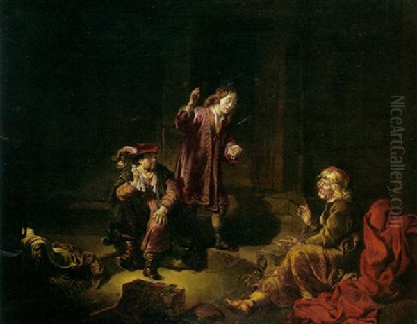 An Interior Of A Jail With A Jailer, A Seated Nobleman And A Man In Chains In The Foreground Oil Painting by Gerbrand Van Den Eeckhout