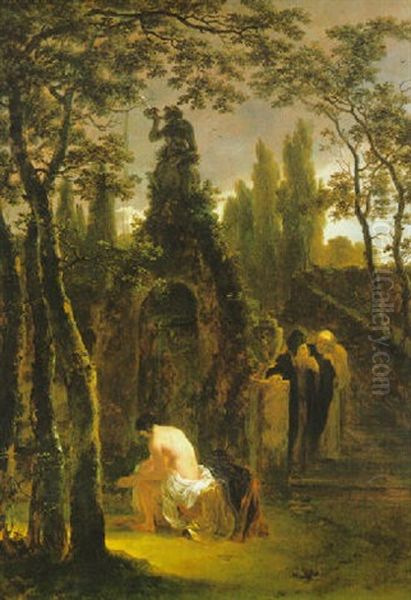 Susanne Und Die Beiden Alten An Einem Brunnen Im Abendlichen Schlospark Oil Painting by Gerbrand Van Den Eeckhout