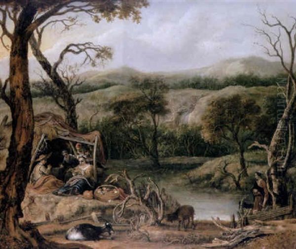 A Scene From A Pastoral Novel (daphnis And Chloe?) With A Wooded River Landscape At Sunset With Goatherds Resting Oil Painting by Gerbrand Van Den Eeckhout