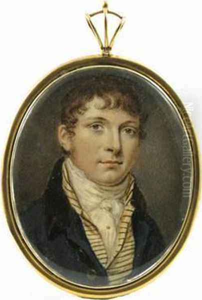 A Gentleman, Head And Shoulders, Wearing A Striped Waistcoat And A Blue Coat, Facing Right Oil Painting by Thomas Arrowsmith