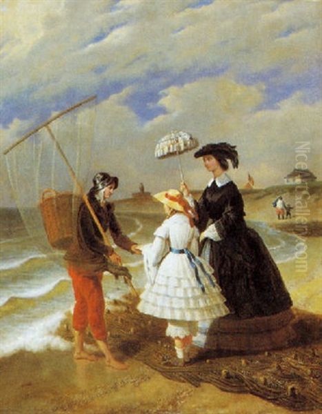 Elegente Dame En Kind Aan Het Strand Met Visser Oil Painting by Jacques Joseph Eeckhout