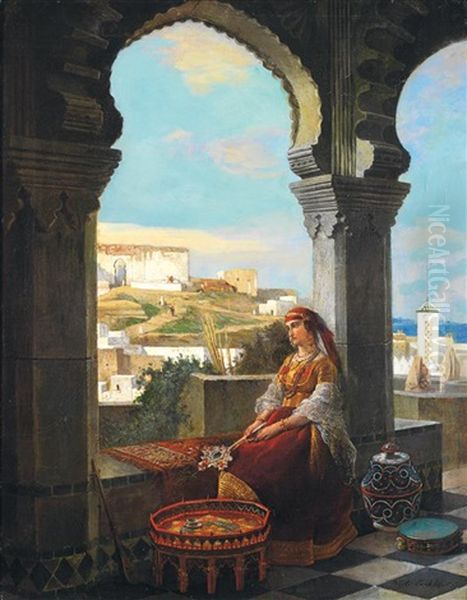 Jeune Marocaine Pensive Sur La Terrasse Oil Painting by Victor Eeckhout