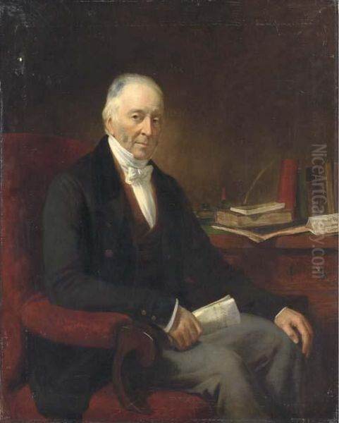 Portrait Of William Davis Of Leytonstone, Seated At His Desk,three-quarter Length Oil Painting by Thomas Arrowsmith