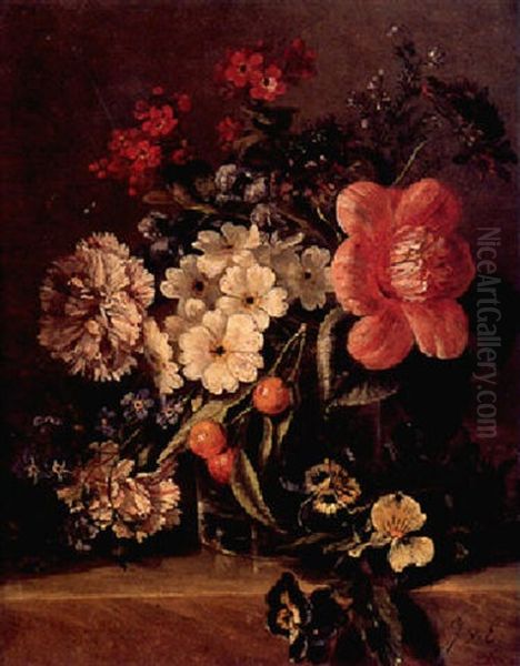 A Still Life With Cherries, Peonies And Violets Oil Painting by J. R. van Eeghen