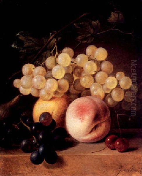 Grapes, Cherries And Other Fruit On A Marble Ledge Oil Painting by J. R. van Eeghen