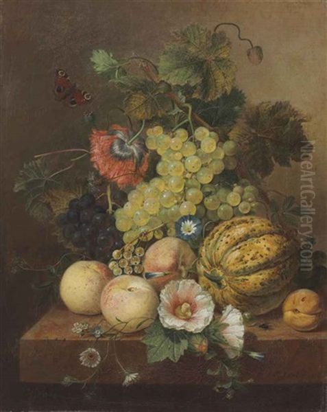 Grapes, Peaches, Melon And An Apricot On A Marble Ledge Oil Painting by Eelke Jelles Eelkema