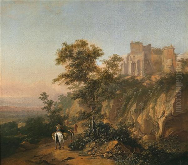 Eine Weite Landschaft Mit Hochgelegener Burg Und Einem Reiter Oil Painting by Adriaen van Eemont