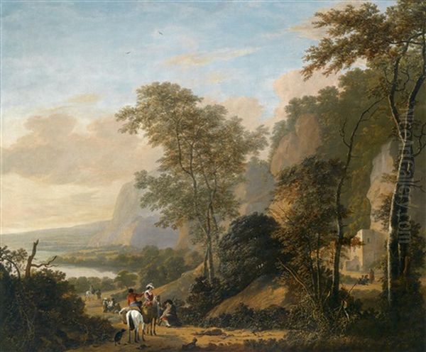 Eine Weite Flusslandschaft Mit Reisenden Oil Painting by Adriaen van Eemont