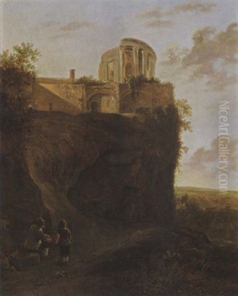 An Italianate Landscape With The Temple Of The Sibyl In Tivoli, And The Travellers Resting In The Foreground Oil Painting by Adriaen van Eemont