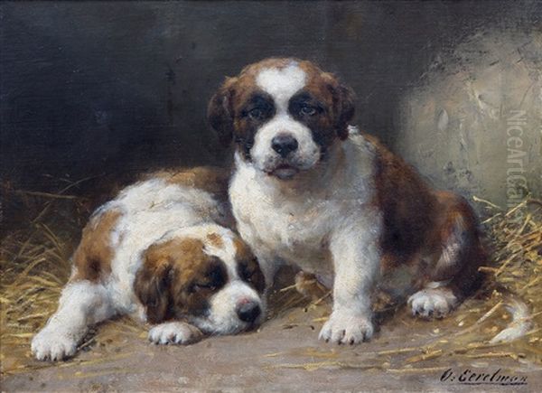 Two Saint Bernard Puppies Oil Painting by Otto Eerelman