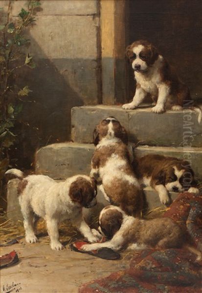 Five Saint Bernard Puppies Oil Painting by Otto Eerelman