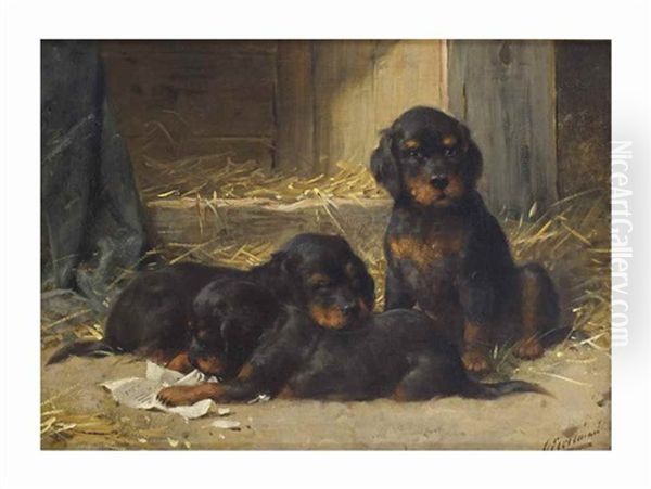 Gordon Setters Puppies Oil Painting by Otto Eerelman