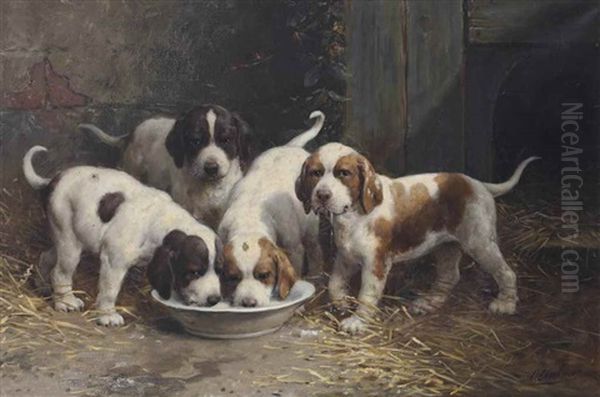 Saint Bernard Puppies Drinking Milk Oil Painting by Otto Eerelman