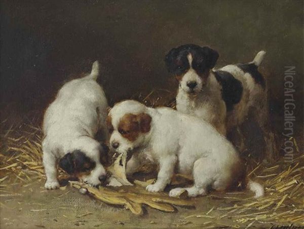 Pups Playing With A Glove Oil Painting by Otto Eerelman