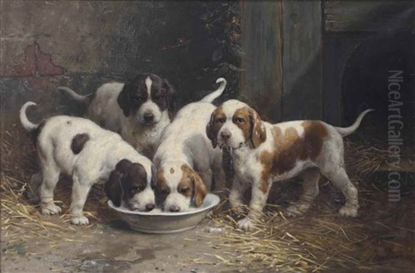 Saint Bernard Puppies Drinking Milk Oil Painting by Otto Eerelman