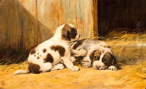 Twee St. Bernard Puppies Oil Painting by Otto Eerelman