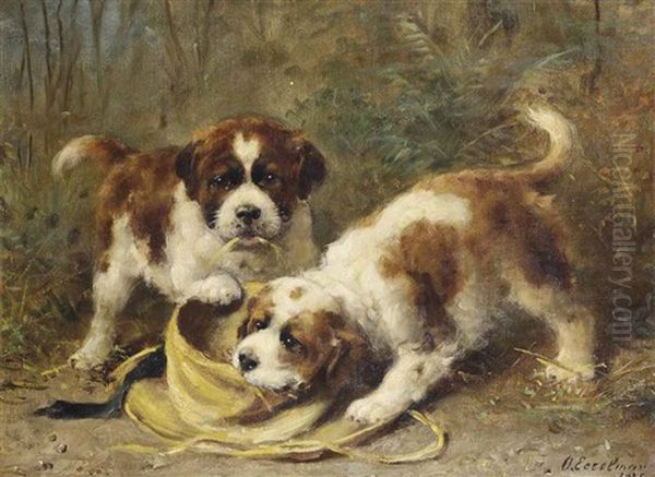 Two Saint-bernard Puppies Playing With A Hat Oil Painting by Otto Eerelman