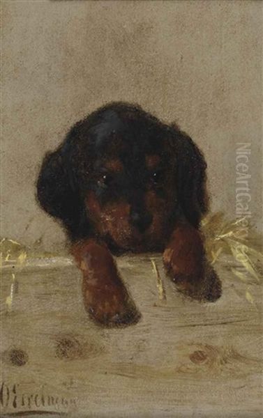 A Dachshund Puppy Oil Painting by Otto Eerelman