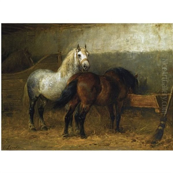 Horses In Stable Oil Painting by Otto Eerelman