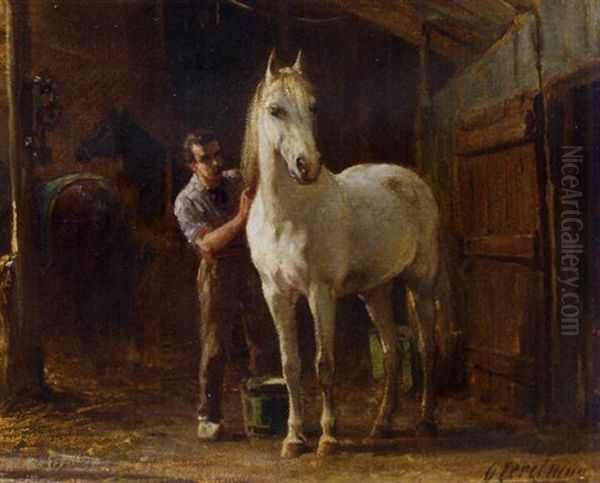 Grooming The Horse Oil Painting by Otto Eerelman