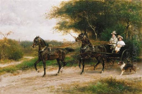 A Morning Outing; A Young Girl In A Rally-cart On A Sandy Track With A Collie In The Foreground Oil Painting by Otto Eerelman