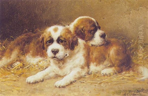 Two St. Bernard Puppies Oil Painting by Otto Eerelman