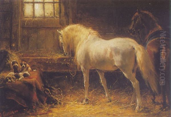 Horses And St. Bernard Puppies In A Stable Oil Painting by Otto Eerelman