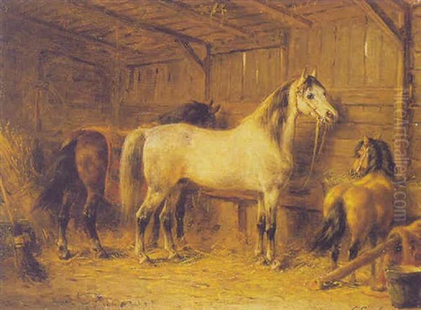 Horses In A Stable Oil Painting by Otto Eerelman