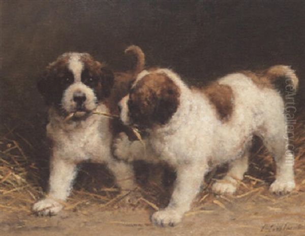 St. Bernard Puppies Oil Painting by Otto Eerelman