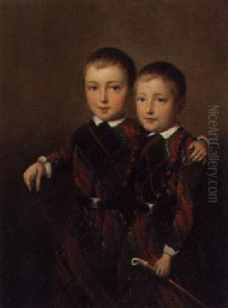 A Portrait Of Two Young Boys, Holding Riding Crops And Wearing Costume Oil Painting by Otto Eerelman