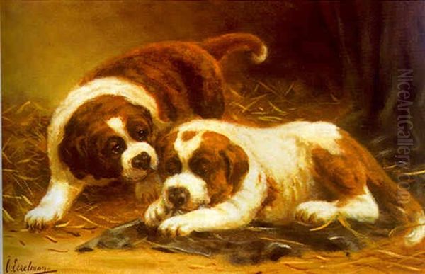 Two St. Bernard Puppies Oil Painting by Otto Eerelman