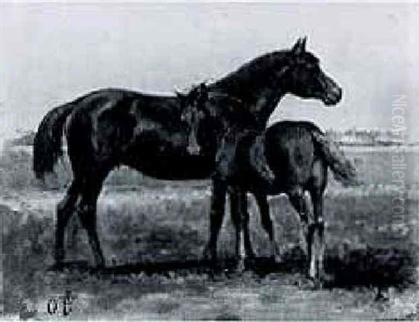 A Mare And Her Foal Oil Painting by Otto Eerelman