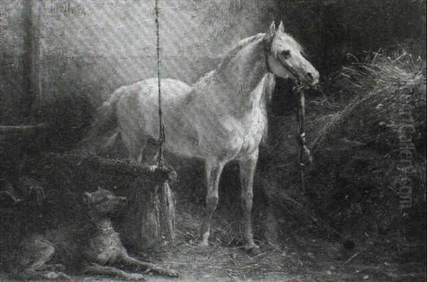 Dappled Grey And Spaniel In A Stable Interior Oil Painting by Otto Eerelman