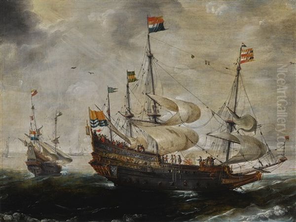 A Four-masted Ship Flying The Flag Of Zeeland, Another Vessel Beyond Oil Painting by Andries Van Eertvelt