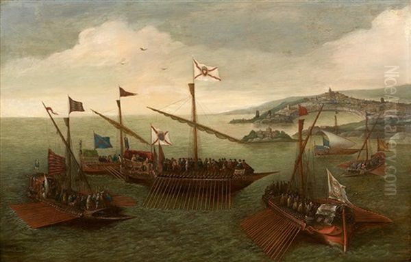 Navires Portugais Devant La Baie De San Sebastian (?) Oil Painting by Andries Van Eertvelt