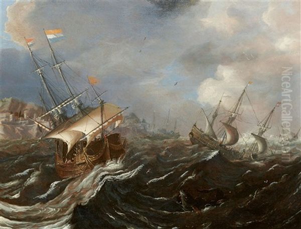 Sailing Ships In Rough Seas Oil Painting by Andries Van Eertvelt