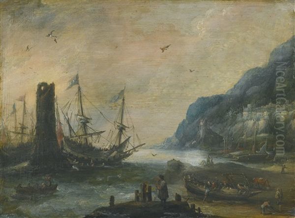 A Mediterranean Coastal Scene With A Tower, Ships, And Figures On The Shore Oil Painting by Andries Van Eertvelt