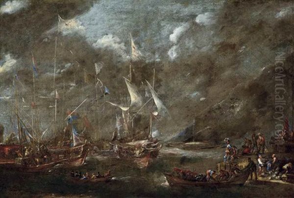 The Holy League's Fleet Lying Off A Harbour, Thought To Be Genoa, Before The Battle Of Lepanto, With Figures Loading Arms And Armour Onto A Boat In The Foreground With A Dignitary Looking On Oil Painting by Andries Van Eertvelt