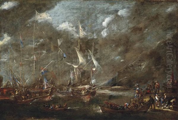 The Holy League's Fleet Lying Off A Harbour, Thought To Be Genoa, Before The Battle Of Lepanto, With Figures Loading Arms And Armour Onto A Boat In The Foreground With A Dignitary Looking On Oil Painting by Andries Van Eertvelt